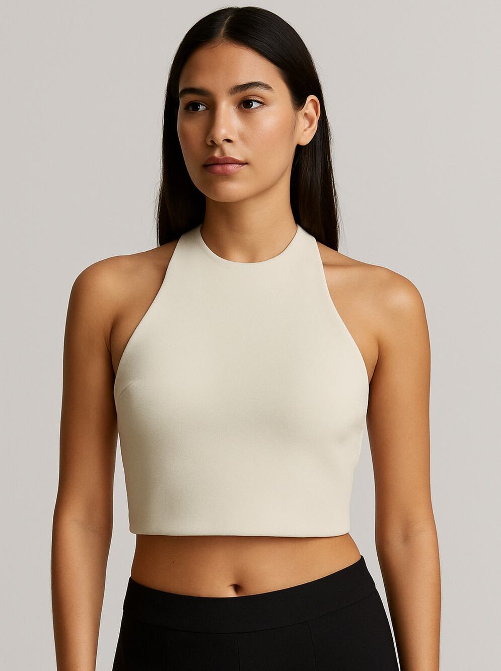 ZARA Halter Top Womens Large Cream White Sculpt Knit Tank Minimalist Chic